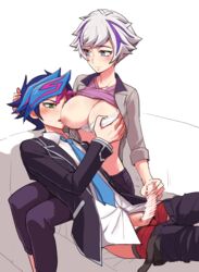 big_breasts blue_hair female fujiki_yuusaku kougami_ryouken rule_63 ryoken_kogami short_hair uniform white_hair yu-gi-oh! yu-gi-oh!_vrains yusaku_fujiki