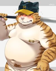 10s 2019 anthro barely_visible_genitalia barely_visible_penis belly blush closed_eyes clothing felid hat headgear headwear hi_res humanoid_hands male male_only mammal moobs nikiciy overweight overweight_male pantherine penis simple_background solo tiger white_background