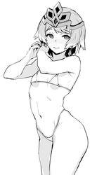 bikini blush earrings female fire_emblem fire_emblem_heroes fjorm_(fire_emblem) flat_chest greyscale highres jewelry looking_at_viewer messatsu_tan micro_bikini monochrome multicolored_hair navel nintendo short_hair simple_background solo stomach string_bikini swimsuit white_background white_bikini