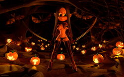 1girls 3d bare_shoulders bat big_breasts boots brown_hair busty choker cleavage curvy detailed_background elbow_gloves female female_only front_view gloves green_eyes halloween holding_object hourglass_figure human kondaspeter long_hair looking_down night outdoor outside pose posing shadow shiny shiny_skin solo spider spread_legs spreading standing sword vivi_(kondaspeter) voluptuous wide_hips