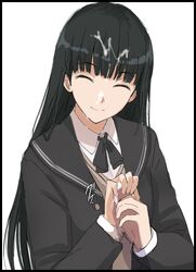 amagami ayatsuji_tsukasa bangs black_hair black_jacket black_neckwear black_sailor_collar blazer blunt_bangs closed_eyes closed_mouth collared_shirt dress_shirt eyebrows_visible_through_hair facial facing_viewer female handjob jacket long_hair mobu open_blazer open_clothes open_jacket penis sailor_collar shiny shiny_hair shirt smile straight_hair upper_body very_long_hair white_shirt wing_collar