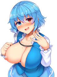 :d bangs blue_eyes blue_hair blue_skirt blue_vest blush breasts cleavage collarbone commentary_request daichi_(tokoya) eyebrows_visible_through_hair female hair_between_eyes hands_up head_tilt heterochromia highres kogasa_tatara large_breasts long_sleeves looking_at_viewer nipples no_nose one_breast_out open_clothes open_mouth open_shirt red_eyes shirt short_hair simple_background skirt smile solo sweat tokoya_(ex-hetare) touhou upper_body vest white_background white_shirt