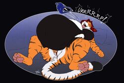 2019 anthro belly big_belly big_breasts breasts burping clothed clothing curvy_figure digital_media_(artwork) felid female female_pred mammal masturbation mature_female onomatopoeia open_mouth oral_vore pantherine panties serona_shea simple_background solo sound_effects text thick_thighs tiger tongue tongue_out touchofsnow underwear voluptuous vore