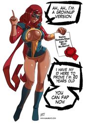 age_verification big_breasts bottomless bracelet breasts brown_eyes brown_hair busty cleavage cleavage_cutout dark-skinned_female dark_skin erect_nipples female female_focus female_only fourth_wall hourglass_figure humor kamala_khan kukuruyo large_breasts long_hair marvel marvel_comics mask ms._marvel muslim muslim_female nipple_bulge pakistani pakistani_female pinup pubic_hair pussy sleeves_rolled_up solo speech_bubble standing tagme text text_focus vagina wide_hips