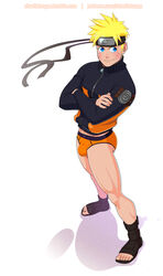 1boy arms_crossed blonde blonde_hair blue_eyes blush blushing boots briefs bulge charlie_tooga clothing forehead_protector half-dressed half_naked headband human human_only looking_away male male_only naruto naruto_shippuden orange_briefs orange_underwear pants_removed pinup pose posing simple_background solo solo_focus solo_male standing uncensored underwear uzumaki_naruto white_background