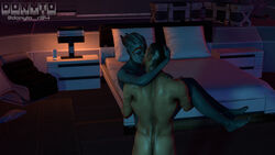 1boy 1girls 3d alien alien_girl arm_around_neck asari barefoot blue_skin carrying closed_eyes commander_shepard detailed_background donyto eyes_closed female hand_on_head human indoors interspecies kiss kissing male maleshep mass_effect nude nude_female nude_male older_female samara straight