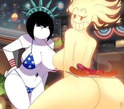 2girls ajeng_(androjuniarto) american_flag american_flag_bikini androjuniarto breasts cleavage cooking female female_only fire fire_elemental flaming_hair grill grin huge_ass huge_breasts large_breasts looking_at_viewer maidbot_(androjuniarto) mob_face multiple_girls nude original robot robot_girl sausage sideboob