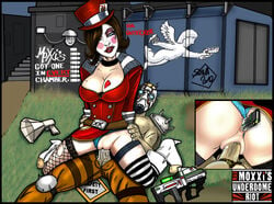 anal_insertion blue_panties borderlands detailed_background mad_moxxi panties panties_aside psycho_(borderlands) reverse_cowgirl_position shina straight vaginal_penetration