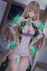 1girls bangs bare_shoulders big_breasts blonde_hair blush breasts chest_jewel cleavage cleavage_cutout clothing dress earrings elbow_gloves female fully_clothed gem gloves headpiece highres hikari_(xenoblade_2) jewelry large_breasts long_hair looking_at_viewer mythra nintendo noeomi open_mouth short_dress solo swept_bangs thigh_strap thighs tiara white_dress white_gloves xenoblade_(series) xenoblade_chronicles_2 yellow_eyes