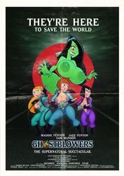 3girls big_breasts black_background breasts captainjerkpants danny_phantom desiree ghost ghost_girl ghostbusters goth_girl high_heel_boots high_heels jazz_fenton jumpsuit madeline_fenton movie_poster multiple_girls nickelodeon open_clothes parody proton_pack sam_manson