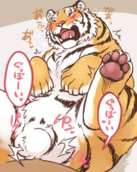 4_toes ambiguous_gender anal animal_genitalia balls blush closed_eyes duo faceless_ambiguous fangs felid feline_sheath feral fluffy fully_sheathed fur giraffe_(artist) japanese_text lion male male/male mammal multicolored_body multicolored_fur open_mouth pantherine pawpads paws sheath solo_focus striped_body striped_fur stripes text tiger toes translation_request