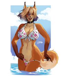 1girls anthro bikini blonde_hair breasts canid canine choker cleavage clothing elise_(greyhunter) female female_only fox fur hair happy hi_res innie_pussy large_breasts lipstick looking_at_viewer mammal pussy sea smile solo swimwear theartofvero vero water