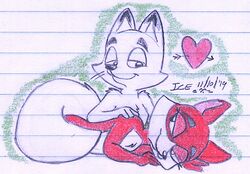 anthro arctic_dogs arctic_fox bedroom_eyes canine cuddle cuddling duo female fox heart heartwarming jade_(arctic_dogs) male martenferret nude romantic_couple straight swifty_(arctic_dogs) tagme teenager traditional_media_(artwork) whiskers young