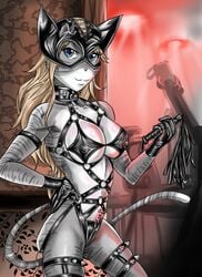 2018 anthro black_collar blue_eyes bondage breasts collar cosia domestic_cat felid feline felis female hi_res looking_at_viewer mammal navel nipples solo spiked_collar spikes standing whip