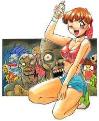 artist_request blush clothed clothing darkstalkers erect_nipples erect_nipples_under_clothes lord_raptor nipples_visible_through_clothing rebecca_chambers resident_evil short_hair shorts small_breasts zombie