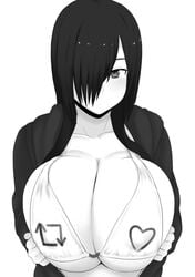 bikini_top black_hair cleavage female gigantic_breasts huge_breasts large_breasts like_icon monochrome nao_(ritsancrossover) pai-chan_(nao) retweet_icon short_hair twitter