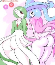 2019 2girls anthro anthrofied ass breasts clothing desiredelta duo eye_contact fairy female gardevoir hair hat hatterene headgear headwear humanoid long_hair looking_at_viewer looking_back nintendo patreon pokémon_(species) pokemon pokemon_(species) pokemon_rse pokemon_ss pose presenting presenting_hindquarters rear_view red_eyes take_your_pick text thick_thighs thigh_gap url video_games watermark wide_hips