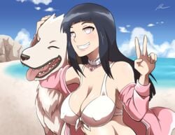 1animal 1girls 2019 abs akamaru_(naruto) bare_shoulders beach bestiality big_breasts bikini bikini_top blue_hair bulge busty canid canine cleavage closed_eyes clothing collar dog dog_collar domestic_dog erect_nipples eunnie female female_human front-tie_bikini front-tie_top grin hand_on_head human hyuuga_hinata interspecies jacket large_breasts long_hair male male_canine married_couple married_to_feral naruto naruto_shippuden nipple_bulge nipples ocean open_mouth outdoors outside peace_sign pink_lips pose posing purple_eyes smile teeth tongue tongue_out white_bikini white_eyes white_fur white_swimsuit zoophilia