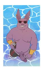 anthro balls beverage boner bottomwear burrserk champa clothed clothing dragon_ball dragon_ball_super erection eyewear grin hi_res humanoid_penis male male_only moobs nipples overweight partially_clothed penis purple_body shorts shorts_down smile solo solo_male sunglasses