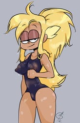 1girls blonde_hair breasts carol_(ok_k.o.!_let's_be_heroes) carol_kincaid cartoon_network curvy dark-skinned_female female female_only hair half-closed_eyes ican-t-get-no-satisfaction leotard long_hair nipples ok_k.o.!_let's_be_heroes pussy signature silver_spark_(ok_k.o.!_let's_be_heroes) simple_background solo swimsuit thick thick_legs thick_thighs voluptuous wet_clothes wet_hair