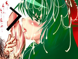 censored cum cum_on_hair ejaculation facial fellatio green_hair kagiyama_hina long_hair oral penis ribbon solo touhou tsuki_hana