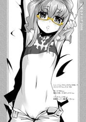 1girls anya_alstreim armpits arms_up code_geass female female_only flat_chest glasses lying monochrome nipples no_panties pussy shirt_lift shorts shorts_pull solo yukari_(konekonekozou)