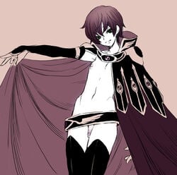 1boy blush cape code_geass crossdressing elbow_gloves femboy girly gloves green_eyes human human_only kururugi_suzaku male male_only monochrome penis pink shiraishi_asuka short_hair solo spot_color thighhighs