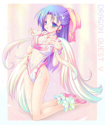 alto_seneka angel_leotard ankle_garter blue_eyes blue_hair blush bow breasts choker cleavage clothing cum cum_on_body cum_on_breasts cum_on_upper_body dragon_quest dragon_quest_v earrings facial female flora_(dragon_quest) hairbow jewelry kneeling large_breasts leotard long_hair nera_briscoletti uncensored wrist_cuffs