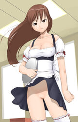 1girls breasts brown_eyes brown_hair cleavage copyright_request erect_nipples female long_hair maid makochin nipples no_panties pointy_chin solo thighhighs uncensored waitress