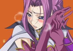 blue_eyes blush code_geass cornelia_li_britannia cum elbow_gloves embarrassed facial female gloves lipstick long_hair makeup manabu_aoi purple_hair tears