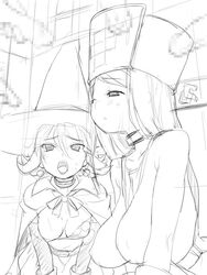 breasts censored clothing dragon_quest dragon_quest_iii earrings hat jewelry large_breasts long_hair mage_(dq3) mitre monochrome nora_higuma open_mouth penis priest_(dq3) sketch sweat witch_hat