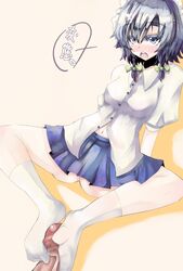 blush braid censored feet footjob footjob_with_legwear footwear no_panties open_mouth penis ribbon sakuya_izayoi short_hair socks solo tora touhou twin_braids