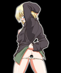 ass blonde_hair blue_eyes blush censored clothing erica_hartmann flat_chest gambler_club nipples novelty_censor open_clothes open_shirt panties panty_pull shirt short_hair strike_witches underwear