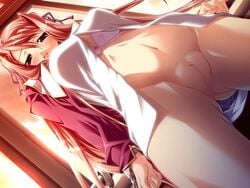 blush bondage bottomless brown_hair censored cuffs fat_mons game_cg hair_ribbon hair_ribbons handcuffs hatoba_sakura hikage_eiji huge_pussy liquid liquid_(company) long_hair midriff navel no_panties open_clothes open_mouth open_shirt pussy ribbon ribbons school_uniform sei_dorei_gakuen serafuku shaved_pussy shirt standing sunset window yellow_eyes