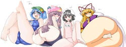 ass black_hair blonde_hair blue_hair eyewear female glasses hat highres huge_ass long_hair multiple_females multiple_girls namidame nitori_kawashiro one-piece_swimsuit patchouli_knowledge purple_hair pussy ribbon ribbons school_swimsuit short_hair swimsuit tewi_inaba touhou translation_request white_school_swimsuit wink yukari_yakumo