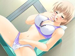 1girls ane_hame ayakaze_ryuushou bare_shoulders blonde_hair blush bow breasts brown_hair chair cleavage clothes_sniffing dutch_angle erect_nipples female game_cg green_eyes grey_eyes hairbow hand_in_panties long_hair masturbation midriff navel open_mouth panties pink_panties ponytail pussy_juice seki_mayuko short_hair sitting solo sports_bra spread_legs tears tied_hair underwear