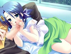 blue_hair censored fellatio game_cg hachizuka_konatsu jpeg_artifacts oral penis satou_satoru tsukushite_ageru_no_ni!