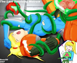 1girls armor armored_samus blonde_hair breasts broken_armor broken_helmet closed_eyes erect_nipples female heart helmet helmet_with_visor hug human interspecies long_hair metroid metroid_(creature) nintendo nipples open_mouth ponytail quasi99 samus_aran tentacles text tied_hair torn_bodysuit torn_clothes varia_suit varia_suit_helmet zero_suit zero_suit_samus