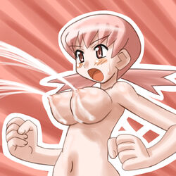 blush breast_gun breasts copo_deluxe female female_only gym_leader hair human human_only lactation milk nintendo nipple nipples pink_eyes pink_hair pokemon pokemon_gsc projectile_lactation solo sweatdrop whitney_(pokemon)