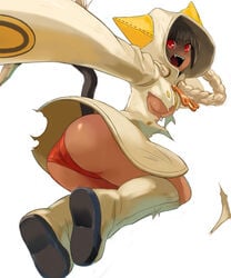 animal_ears ass blazblue boots breasts brown_hair cat_ears cat_hood cathood dark_skin fangs hood hoodie iwaya panties red_eyes red_panties short_hair tail taokaka torn_clothes underboob underwear