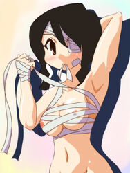 bandage bandage_over_one_eye black_hair borubikku braid breasts brown_eyes huge_eyes kobushi_abiru large_breasts mouth_hold naked_bandage navel nipples nude out-of-frame_censoring sarashi sayonara_zetsubou_sensei twin_braids