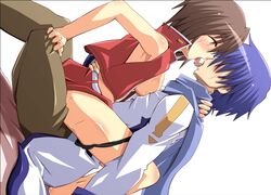 blue_hair breasts brown_hair closed_eyes dutch_angle kaito_(vocaloid) kissing meiko shin'ya_(nanp) sweat tongue vocaloid