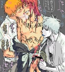 bleach closed_eyes cum cumshot erection forced_orgasm gay heavy_breathing hollow hollow_ichigo ichigo_kurosaki japanese_text licking long_hair male male_only nipples penis renji_abarai robe shirtless tattoos threesome two_on_one vibrator yaoi zangetsu