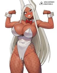 1girls body_writing breasts bunny_girl bunnysuit cum_drip dark-skinned_female dark_skin donburikazoku female flexing grin highleg_leotard hips huge_breasts latex leotard long_hair milf miruko muscular_female my_hero_academia rabbit_ears red_eyes rumi_usagiyama shiny_clothes slim_waist smile solo sweat thick_thighs thighs tight_clothing v white_hair wide_hips