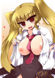 07th_expansion asmodeus_(umineko) blonde_hair breasts female female_only huge_eyes large_breasts necktie nude open_clothes open_shirt shirogane_(platinum) shirt solo stakes_of_purgatory tied_hair twintails umineko_no_naku_koro_ni