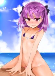 absurdres bare_shoulders beach blush bottomless breasts censored cloud collarbone cowgirl_position eyebrows_visible_through_hair fate/grand_order fate_(series) female flat_chest hair_between_eyes helena_blavatsky_(fate) highres looking_at_viewer micro_bikini_top mosaic_censoring muoto navel open_mouth penis purple_eyes purple_hair short_hair short_purple_hair sky small_breasts solo_focus water