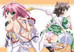 2girls blush bodysuit breasts cable cables female female_only green_eyes kemeko_(kemeko_deluxe) kemeko_deluxe large_breasts makihara_izumi mei_mishima multiple_girls nipples nori_(akusei_shinseibutsu) panties pink_hair school_uniform spacesuit sweat thighhighs topless underwear undressing white_panties