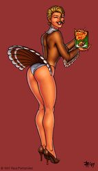 1990s 1997 1girls 20th_century anus ass bird_tail blonde_hair clothed clothed_female clothing dat_ass eyes_closed female heels high_heels legs milf panties raul_fernandez short_hair smile smiling smiling_at_viewer solo tail thanksgiving thick_thighs thighs turkey turkey_costume