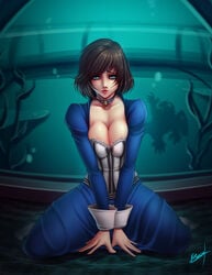 1girls areola_slip areolae arm_support background_character bioshock bioshock_infinite blue_eyes bob_cut breasts brown_hair choker cleavage clothed corset dress elizabeth_comstock female female_only karosu-maker looking_at_viewer parted_lips rapture_(bioshock) short_hair solo solo_focus