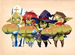 4girls big_breasts bikini_armor blonde_hair blush boeserwolf breasts cleavage cleric female female_only glasses goblin goblin_female green_skin huge_breasts hyper_breasts long_hair looking_at_viewer narrow_shoulders red_hair rogue sexy_armor shiny_eyes shiny_hair shiny_skin shortstack simple_background skindentation thick_thighs tight_clothing warrior wide_hips witch witch_hat yellow_eyes
